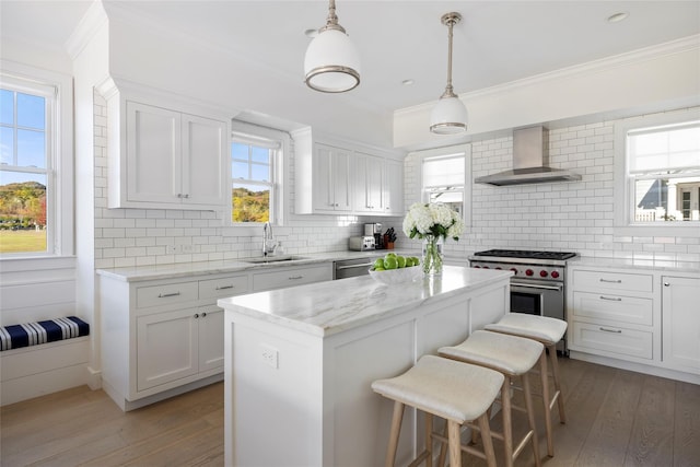 kitchen featuring appliances with stainless steel finishes, ornamental molding, a sink, wall chimney range hood, and light wood-type flooring