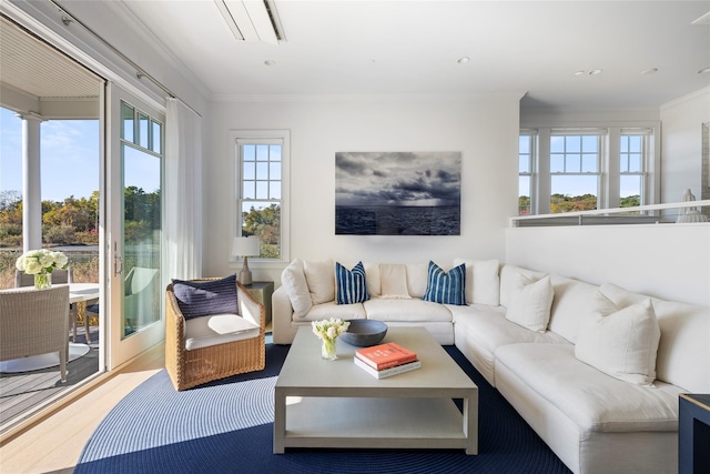 living room with ornamental molding and wood finished floors