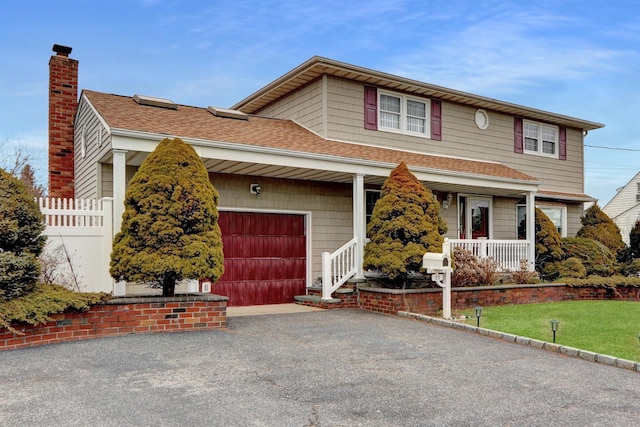 traditional-style home featuring a garage, a chimney, roof with shingles, and driveway