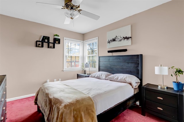 bedroom featuring carpet flooring, a ceiling fan, and baseboards