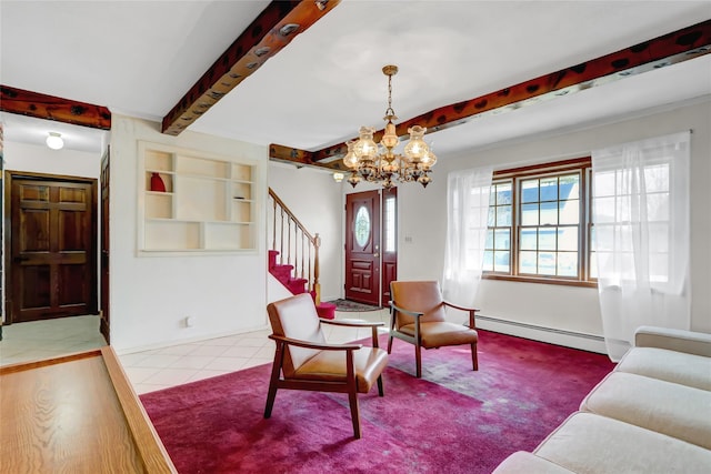 tiled living area with beamed ceiling, stairs, an inviting chandelier, and a baseboard radiator