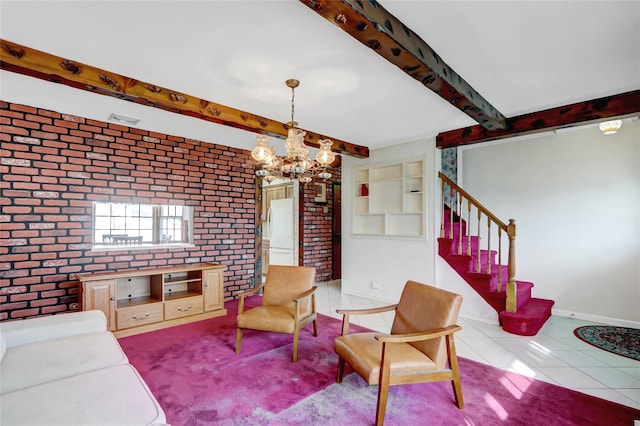 tiled living room featuring stairway, beam ceiling, baseboards, and brick wall