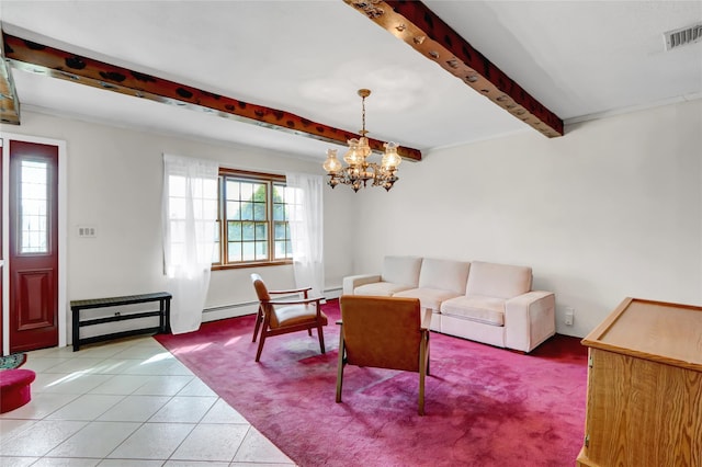 living area with visible vents, beamed ceiling, light tile patterned floors, baseboard heating, and an inviting chandelier