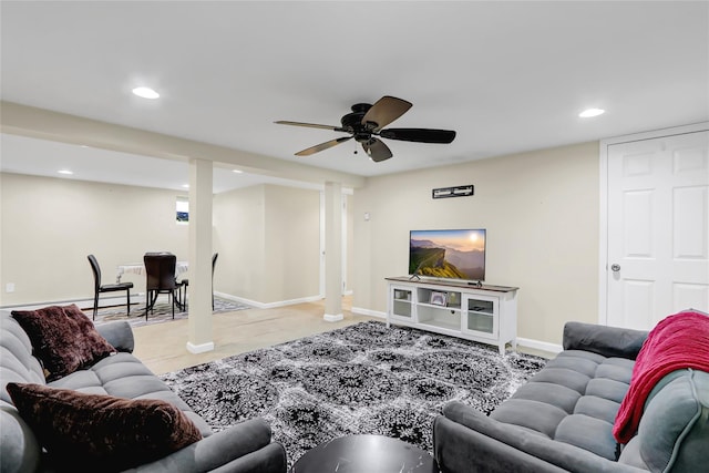 living area with recessed lighting, baseboards, and ceiling fan