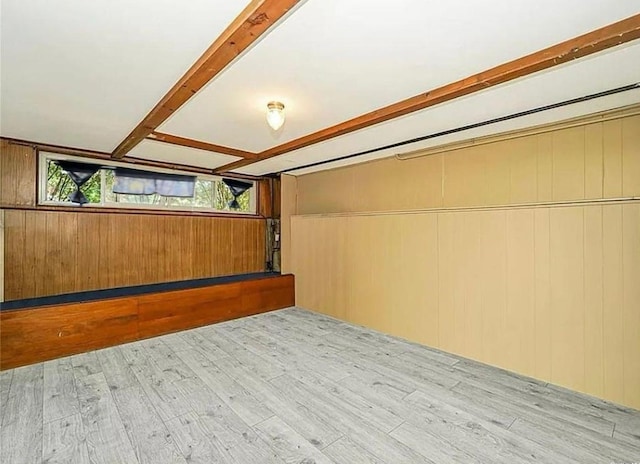 below grade area with wooden walls and wood finished floors