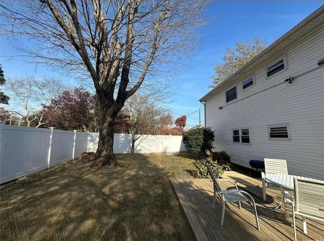 view of yard featuring a fenced backyard and a deck