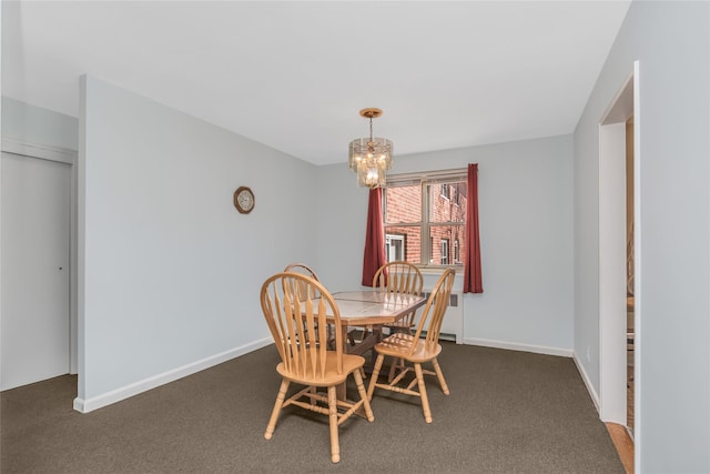 carpeted dining space with an inviting chandelier and baseboards