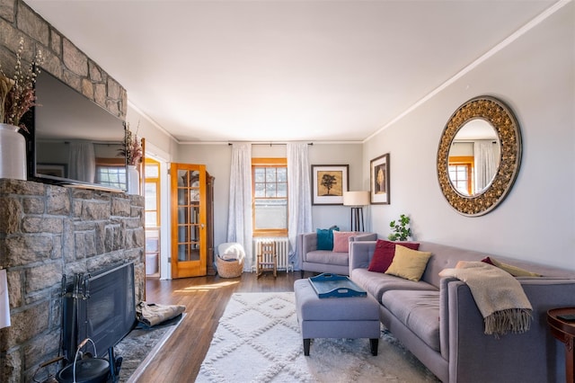 living area with radiator, a stone fireplace, wood finished floors, and crown molding