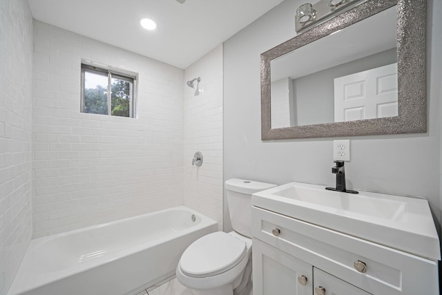 full bath featuring vanity, shower / tub combination, toilet, and recessed lighting