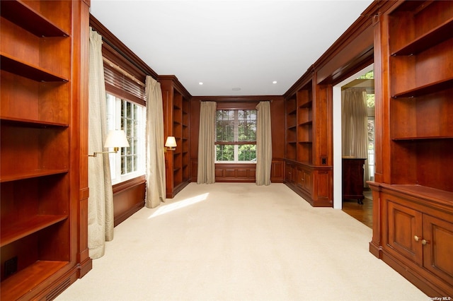 interior space featuring carpet, built in shelves, and ornamental molding