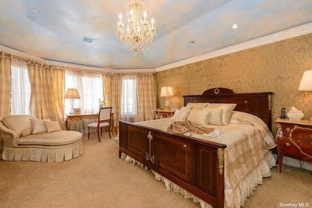 bedroom featuring wallpapered walls, ornamental molding, visible vents, and light colored carpet