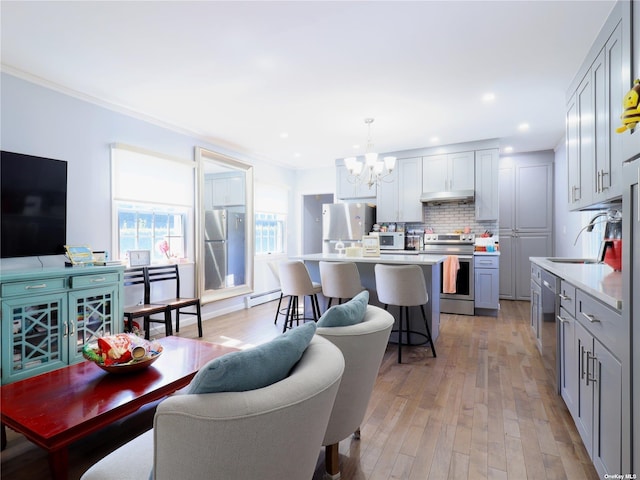 kitchen featuring stainless steel appliances, gray cabinetry, a sink, under cabinet range hood, and a kitchen bar