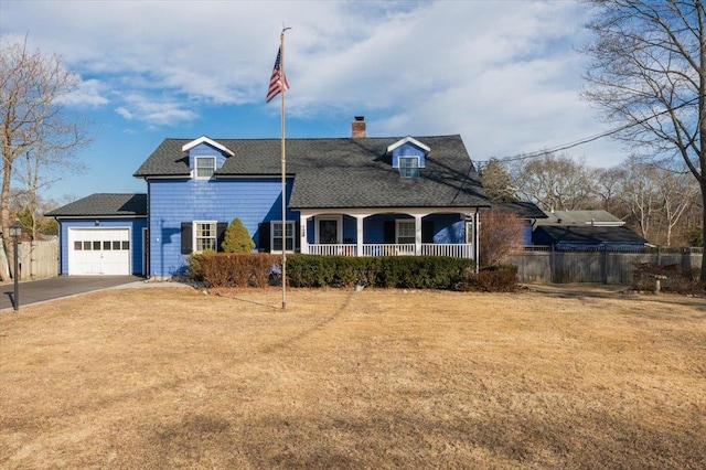 view of front facade with driveway, a garage, a porch, fence, and a front lawn