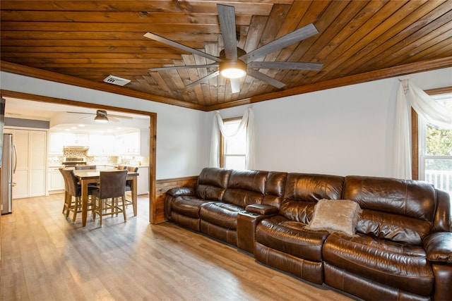 living area featuring ornamental molding, a wealth of natural light, wooden ceiling, and visible vents