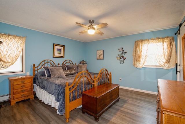 bedroom with dark wood-style floors, ceiling fan, baseboards, and ornamental molding