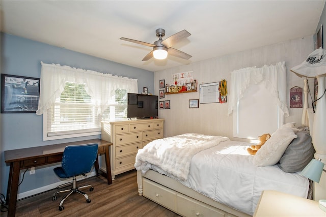 bedroom featuring a ceiling fan and wood finished floors