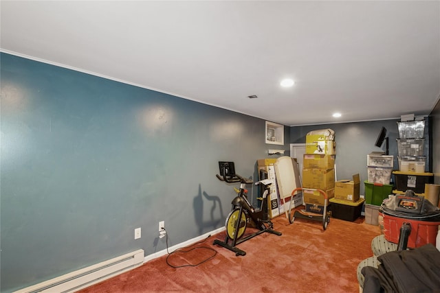 exercise room with a baseboard radiator, baseboards, carpet, and recessed lighting