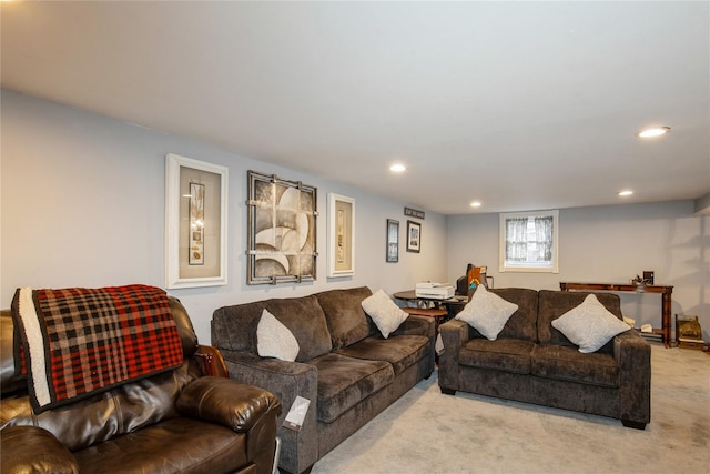 living room with carpet flooring and recessed lighting