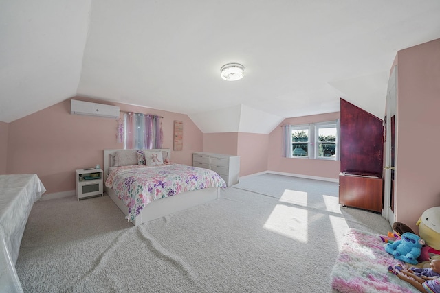 carpeted bedroom featuring vaulted ceiling, an AC wall unit, and baseboards