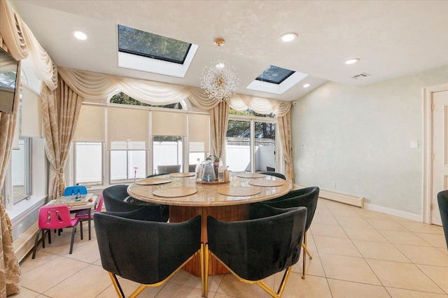 dining space with light tile patterned floors, a skylight, visible vents, and recessed lighting