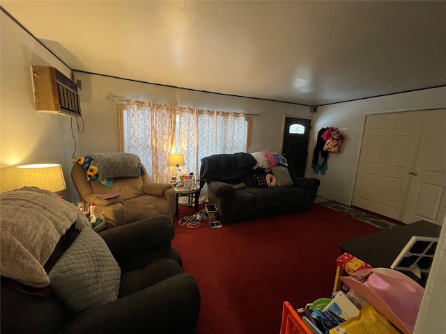 living room featuring carpet and a wall unit AC