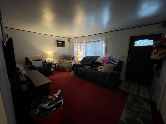 carpeted living room with a wall unit AC