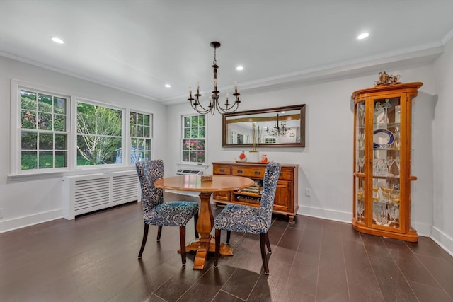 dining space featuring a chandelier, recessed lighting, baseboards, ornamental molding, and dark wood-style floors