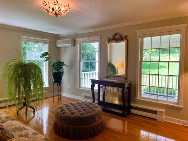 sitting room with a healthy amount of sunlight, baseboards, and a wall mounted AC