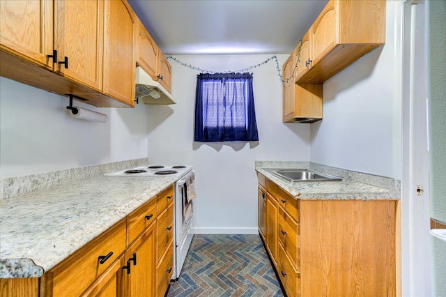 kitchen with white range with electric stovetop, light countertops, under cabinet range hood, and baseboards