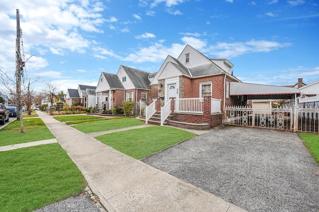 view of front of home with a front lawn, a residential view, fence, and brick siding