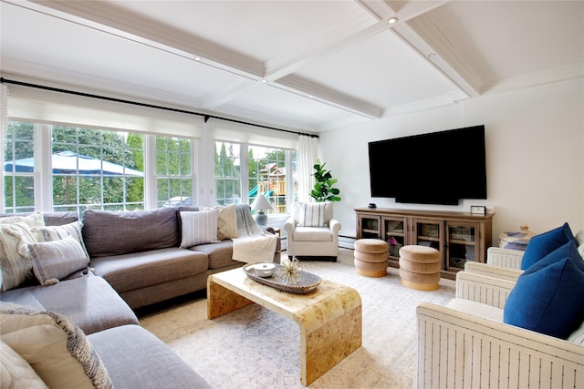 living room featuring crown molding, a baseboard heating unit, coffered ceiling, and beamed ceiling