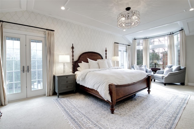 bedroom featuring wallpapered walls, light colored carpet, access to exterior, vaulted ceiling, and french doors