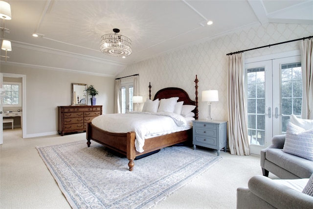 bedroom with light carpet, wallpapered walls, lofted ceiling with beams, and french doors