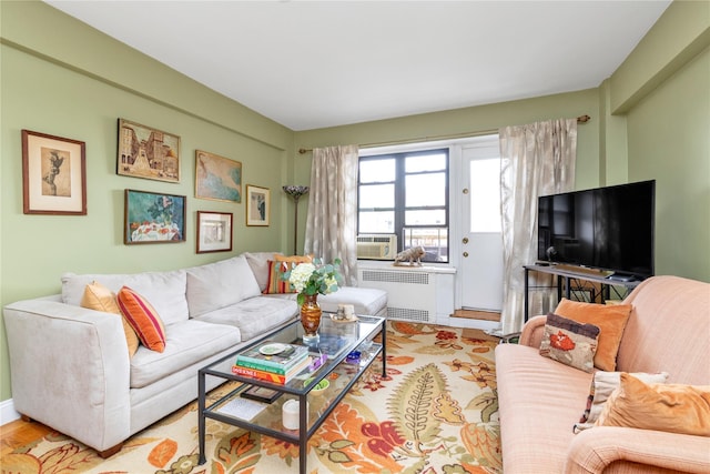 living room with radiator heating unit and cooling unit