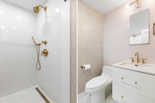 full bathroom featuring backsplash, walk in shower, toilet, vanity, and tile walls