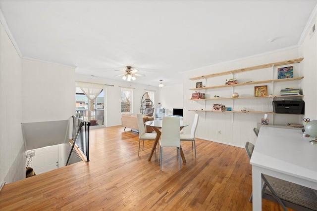 dining area with light wood-style flooring, a ceiling fan, and crown molding