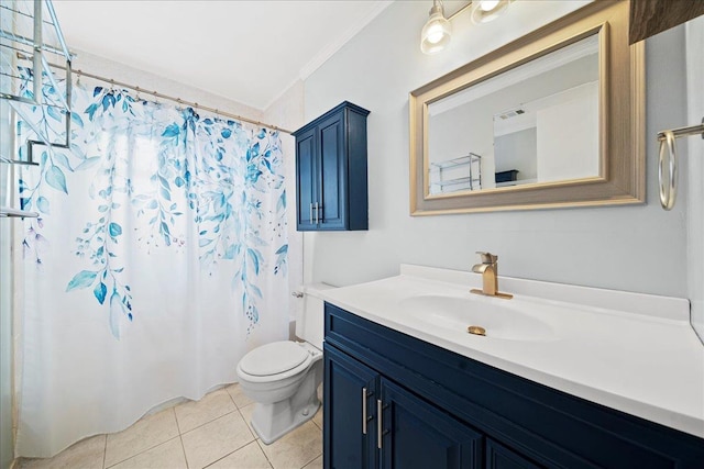 bathroom featuring toilet, a shower with shower curtain, visible vents, vanity, and tile patterned floors