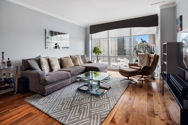 living room with expansive windows, crown molding, a view of city, and hardwood / wood-style flooring