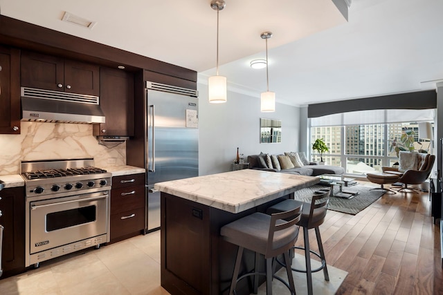 kitchen with premium appliances, decorative backsplash, open floor plan, dark brown cabinetry, and under cabinet range hood