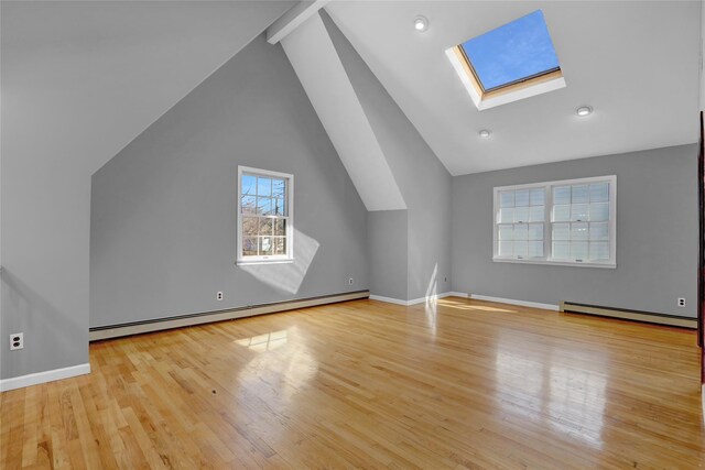 additional living space featuring lofted ceiling with skylight, baseboard heating, and wood finished floors