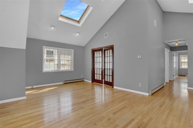 unfurnished living room featuring a baseboard radiator, visible vents, a baseboard heating unit, light wood-type flooring, and baseboards