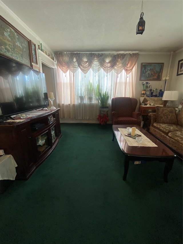 carpeted living area featuring crown molding