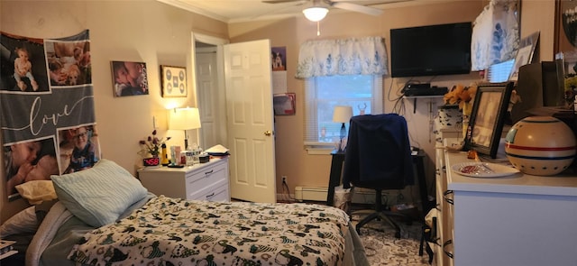 bedroom with a baseboard radiator and ornamental molding