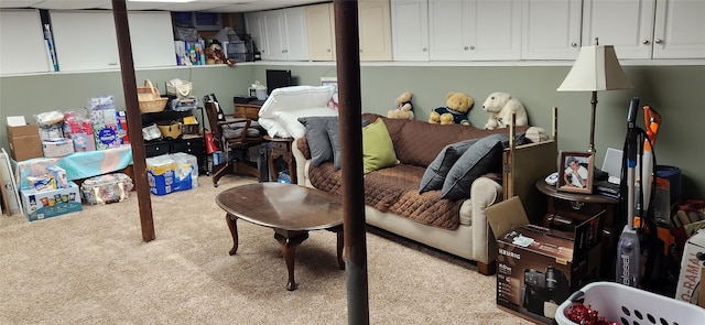 finished basement featuring light colored carpet