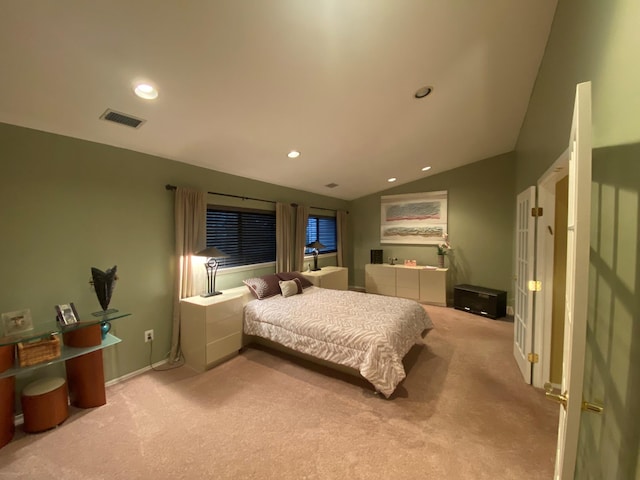 bedroom with vaulted ceiling, carpet floors, visible vents, and recessed lighting