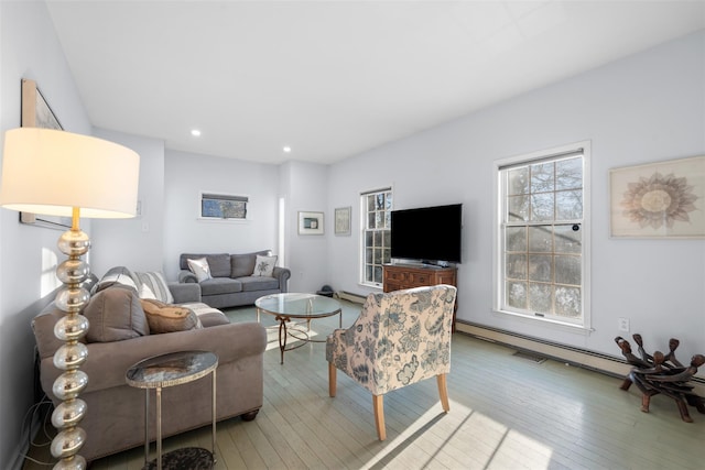 living room featuring wood-type flooring and recessed lighting