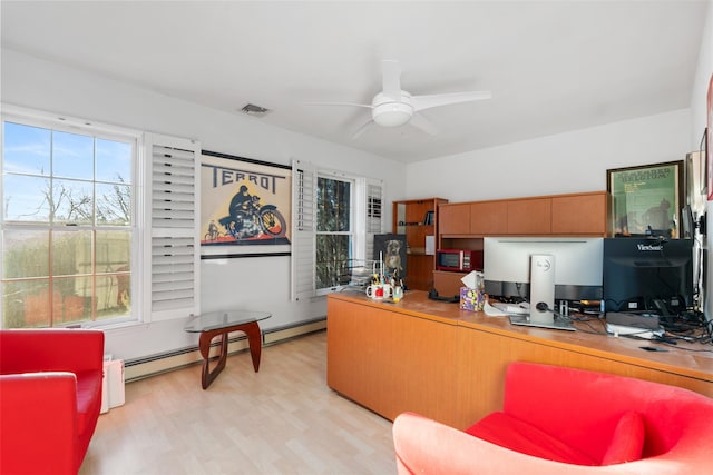 home office with light wood-style floors, visible vents, baseboard heating, and a ceiling fan