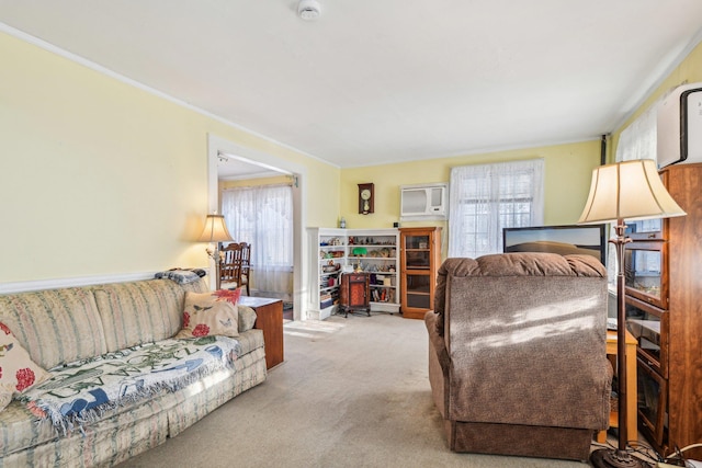 living area with carpet floors and crown molding