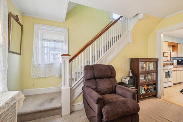 living area with baseboards, stairway, ornamental molding, and light colored carpet