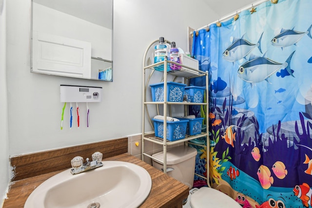 bathroom featuring a sink, toilet, and a shower with curtain